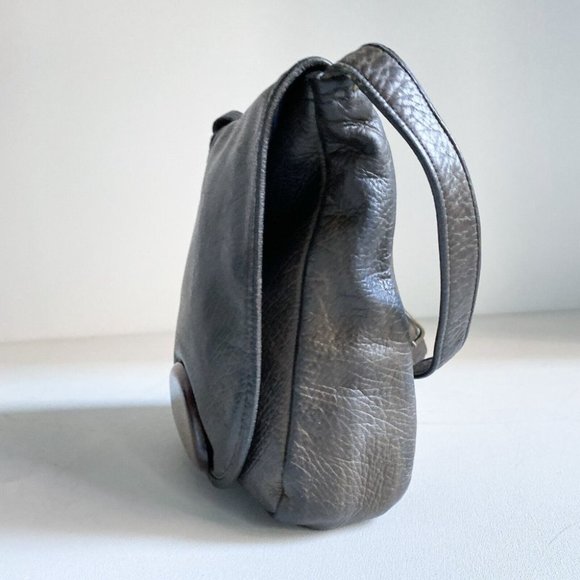 Vintage Dark Brown Leather Oval Unique Crossbody w Wood Detail - Picture 6 of 12